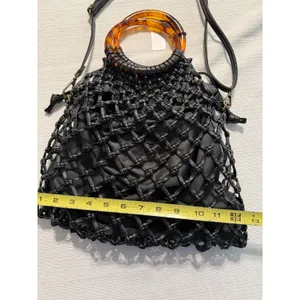 Anthropologie Black Macrame Net Bag‎ Tortoiseshell Ring Handle Crossbody Pouch thumbnail 3