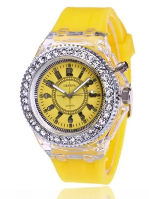 LED Light Up Analog Wrist Watch Yellow Band Crystal Bezel Fashion Gift Unisex thumbnail 1