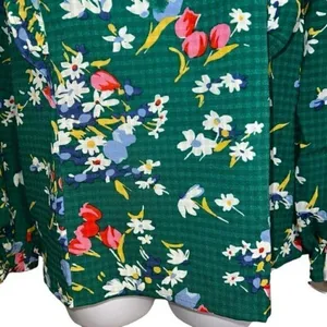 LOFT Green Floral Bouquet ‎ Ruffle Trim Tie Neck Blouse L/S NWOT Size Small thumbnail 6