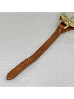 Women’s quartz analog watch gold tone 32mm round case brown leather band thumbnail 4