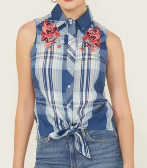 Idyllwind - Blue Plaid Print Embroidered Front Sleeveless Snap Western Shirt thumbnail 1