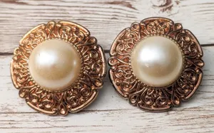Vintage Clip On Earrings - Light Copper Tone Halo with Faux Pearl Large thumbnail 1
