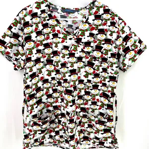 Serene Uniforms Christmas Snowman Frosty Buttery Soft Scrub Uniform Top LARGE thumbnail 1