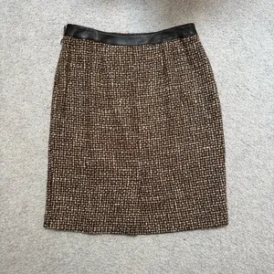 Kate Hill Brown Wool Tweed Blend Pencil Skirt with Brown Leather Waistband Trim thumbnail 5