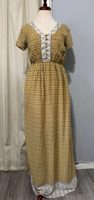 Emberley Women Yellow Geometric Print Maxi Dress Short Sleeve V‎ Neck Bohemian S thumbnail 1