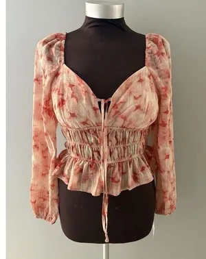 Dizzy Lizzy Blouse M Red Pink Smocked Milkmaid Peasant Boho Festival Hippie New thumbnail 1