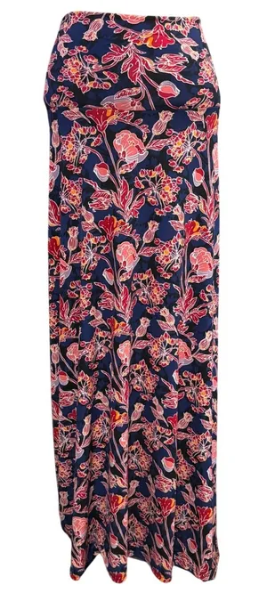 LuLaRoe M Lola Maxi Skirt Navy Pink Floral Stretchy Modest Boho Spring Summer thumbnail 1