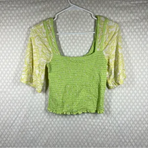 Free People Green Floral Marigold Smocked Cropped‎ Top thumbnail 7