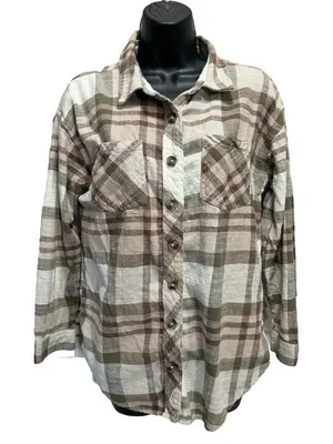 Maurices Tan/Cream Long Sleeve Flannel Shirt Plaid Size Small‎ Button Up Pockets thumbnail 1