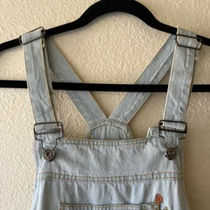 POL Light Wash Denim Short Overalls with Rose Embroidery thumbnail 5