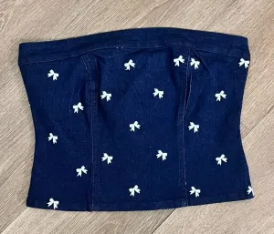 Denim Bustier Top with Embroidered Bows Detail Girly Coquette Barbiecore Size M thumbnail 1