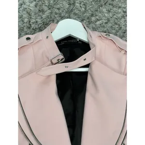 Zara Women’s Pink Cropped Moto Jacket Asymmetric Zip Biker Jacket Size XS thumbnail 5