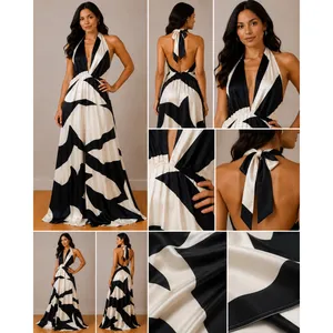 Bardot Black White Abstract Halter Maxi Dress Plunging V-Neck Open Back‎ Size 12 thumbnail 2