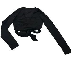 MW Luv (Made With Luv) Black Long Sleeve Wrap Crop Tie Waist V Medium Women's thumbnail 1