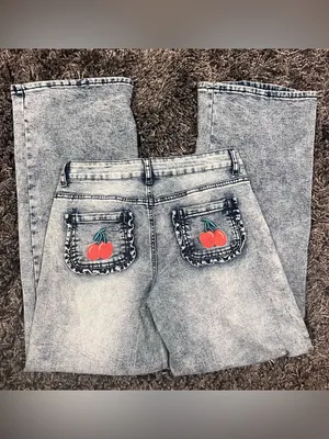 🍒Mode Mistique Embroidered Red Cherry Wide Leg Jeans Size 7/28🍒 thumbnail 2