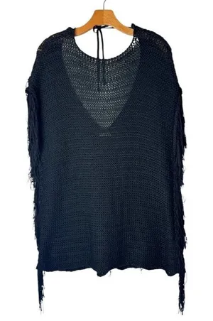 Zara Sweater Women Small Black Open Knit V Back Fringe Sides Short‎ Sleeve Tunic thumbnail 1