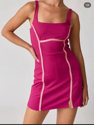 Fuchsia Pink Bodycon Mini Dress with Light Pink Piping thumbnail 1