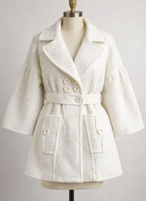 AB Studio Womens Jacket White Tweed Parisian Bell Sleeve Belted Peacoat Size 12‎ thumbnail 1