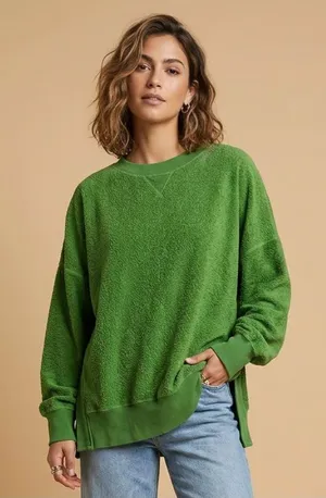 AERIE | Bright Green Terry Sherpa Crewneck Oversized Pullover Sweater Sz XXL thumbnail 1