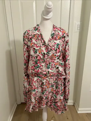 Rococo Sand Vie Floral Ruffle Mini Dress New Size Large Beaded Tie Resortwear thumbnail 4