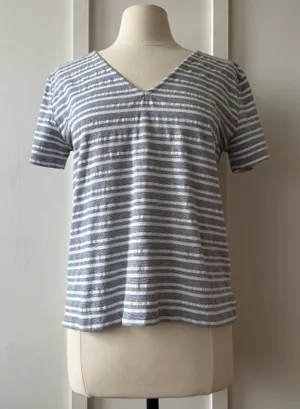 Loft Blue and White Textured Stripe V-Neck Tee thumbnail 1
