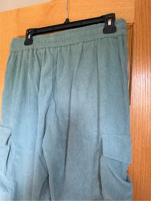 Corduroy Cargo Jogger Pants Teal Blue Elastic Drawstring Lounge Trousers Large thumbnail 4