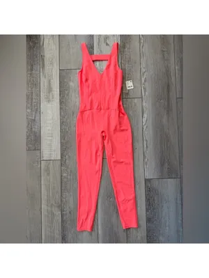 NWT- Free People FP Movement Never Better Strappy Back bodycon Jumpsuit Coral xs thumbnail 9