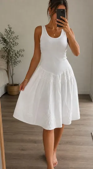 Classic White Sleeveless Midi Dress with Embroidered Skirt thumbnail 1