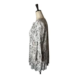 Tribal‎ Shirt Women Large Ivory Gray Floral Fleur Lace Up Neck Ruffle Hem Top thumbnail 5