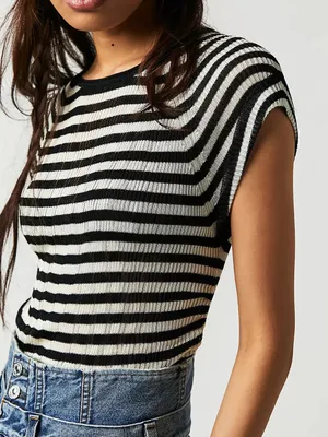 FREE PEOPLE Slinky Baby Tee Black White Striped - Size Large thumbnail 3