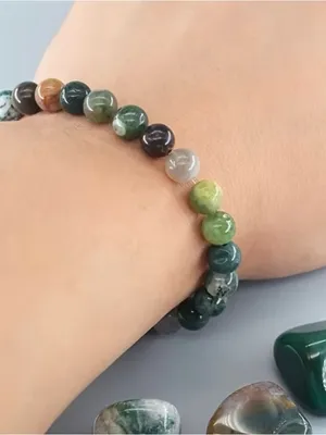 Polished Green Moss Agate Bead Bracelet and Tumbled Stone Set thumbnail 5