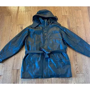 Vintage Leather black hooded faux fur lined trench jacket M thumbnail 3