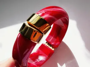 Red & gold chunky bangle bracelet with resin and stainless steel thumbnail 4