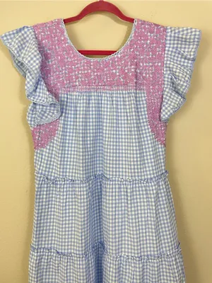J. Marie Blue Gingham Plaid Flutter Sleeves Floral Embroidery Tiered Midi Dress thumbnail 5