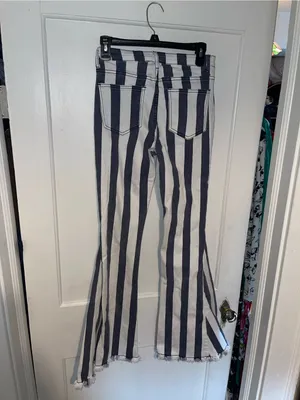 Saints & Hearts Striped High-Waist Flared White & Navy Jeans - Sz Small thumbnail 2