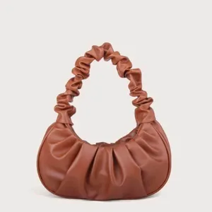 Brown faux leather ruched pleated scrunchy ruched shoulder hand bag bag purse. Measurement in pics thumbnail 1