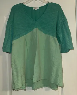 Oddi blue/green teal two tone color block v-neck tunic top with raw hem. Oversized thumbnail 1