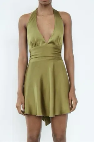 Zara dress halter open back tie bow Elegant Olive Green Satin wedding party thumbnail 12