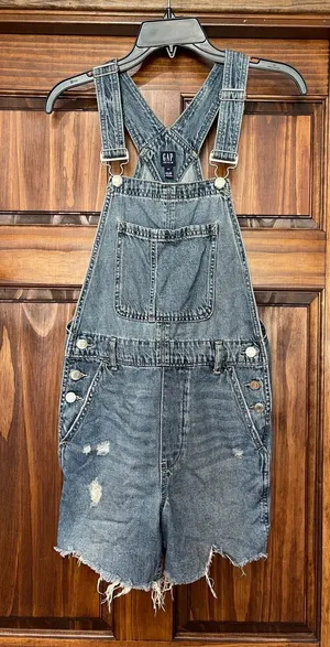 GAP womens Distressed Denim Short Overalls - Blue size XS thumbnail 1