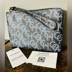 Coach Navy Monogram Corner Zip Wristlet Gold Hardware NWT thumbnail 4