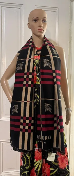 Burberry Black, Red & Cream Plaid Logo Scarf NWT thumbnail 1
