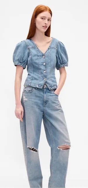 GAP Light Blue Denim Puff Sleeve Button-Front Top - xs thumbnail 1