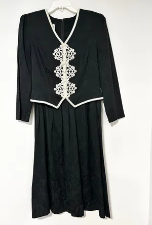 Plaza South Vintage Black Floral Jacquard Soutache Trim Midi Dress Size 12 thumbnail 1