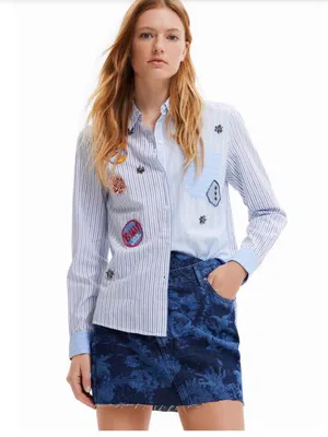 Desigual Lian shirt button down patches rhinestones blue white stripes sz S thumbnail 2