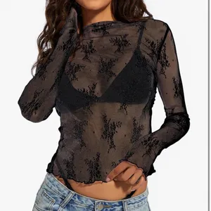 Long Sleeve Sheer Floral Top Black Sexy Mesh Layering See Through Lace Alt Baddi thumbnail 1