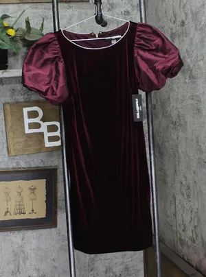 Karl Lagerfeld Puff Sleeve Stretch Velvet Body Sheath Dress Barolo Wine Red 8 thumbnail 1
