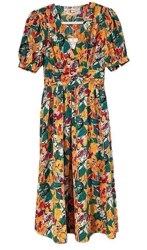 NWT Pink Martini Multicolor Floral V-neck Puff Sleeved Midi Dress thumbnail 1