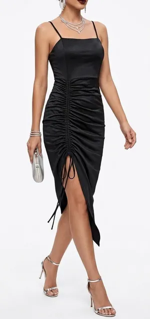 Popular 21 Ruched Black Midi Dress with Front Drawstring thumbnail 1