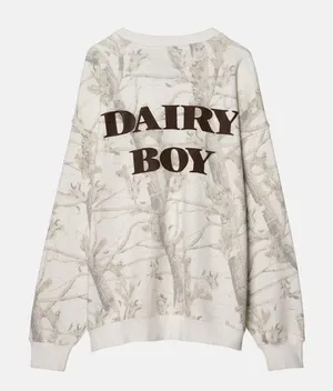DAIRY BOY Teddy Brown Cream Woodland Camo Crew Sweatshirt XS Cotton Sold Out thumbnail 1