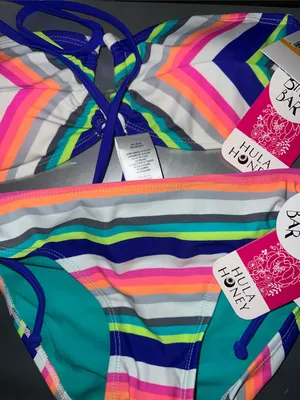 Hula Honey Women’s ' Stripe Bikini Set - Teal, Blue, Pink, Orange Small bandeau thumbnail 2